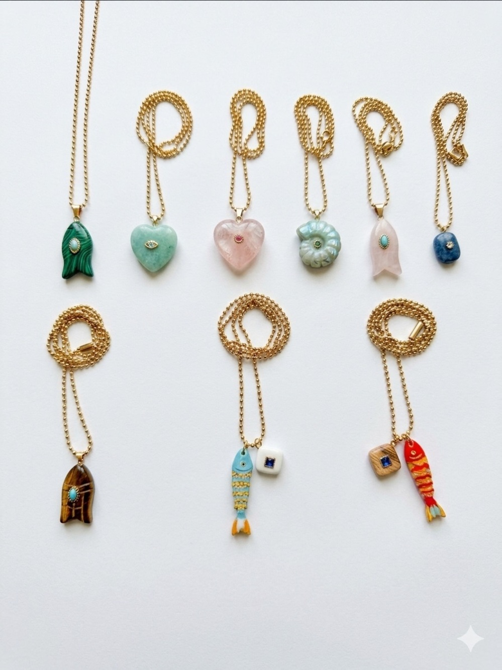 Gold Chain Pendant Necklace - Multicolor Stone & Fish Charms - Picture 2 of 4